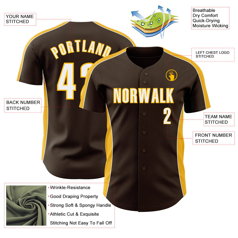 Custom Brown White-Gold Classic Color Block Side Panel Stripe Authentic Baseball Jersey view 3