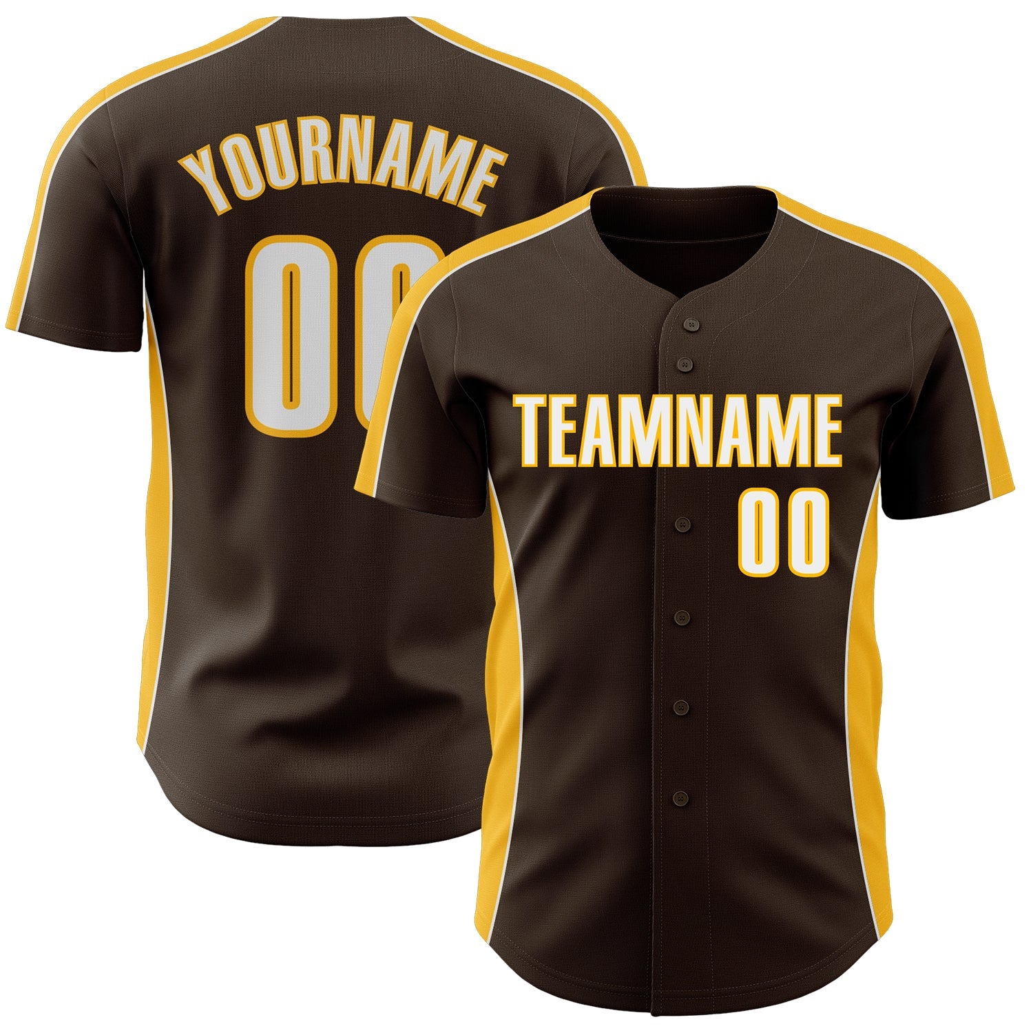Custom Brown White-Gold Classic Color Block Side Panel Stripe Authentic Baseball Jersey - Main View