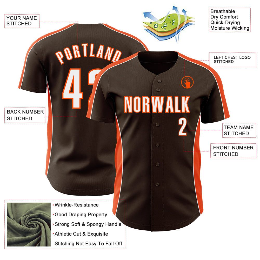 Custom Brown White-Orange Classic Color Block Side Panel Stripe Authentic Baseball Jersey view 3