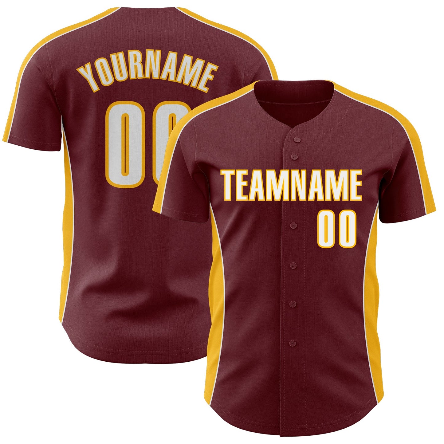 Custom Burgundy White-Gold Classic Color Block Side Panel Stripe Authentic Baseball Jersey - Main View
