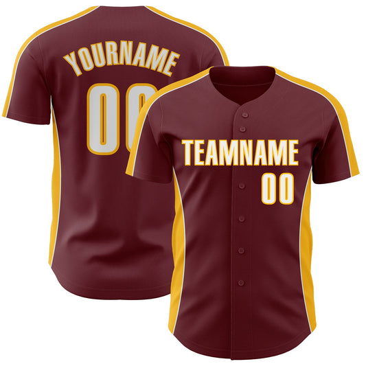 Custom Burgundy White-Gold Classic Color Block Side Panel Stripe Authentic Baseball Jersey - Main View