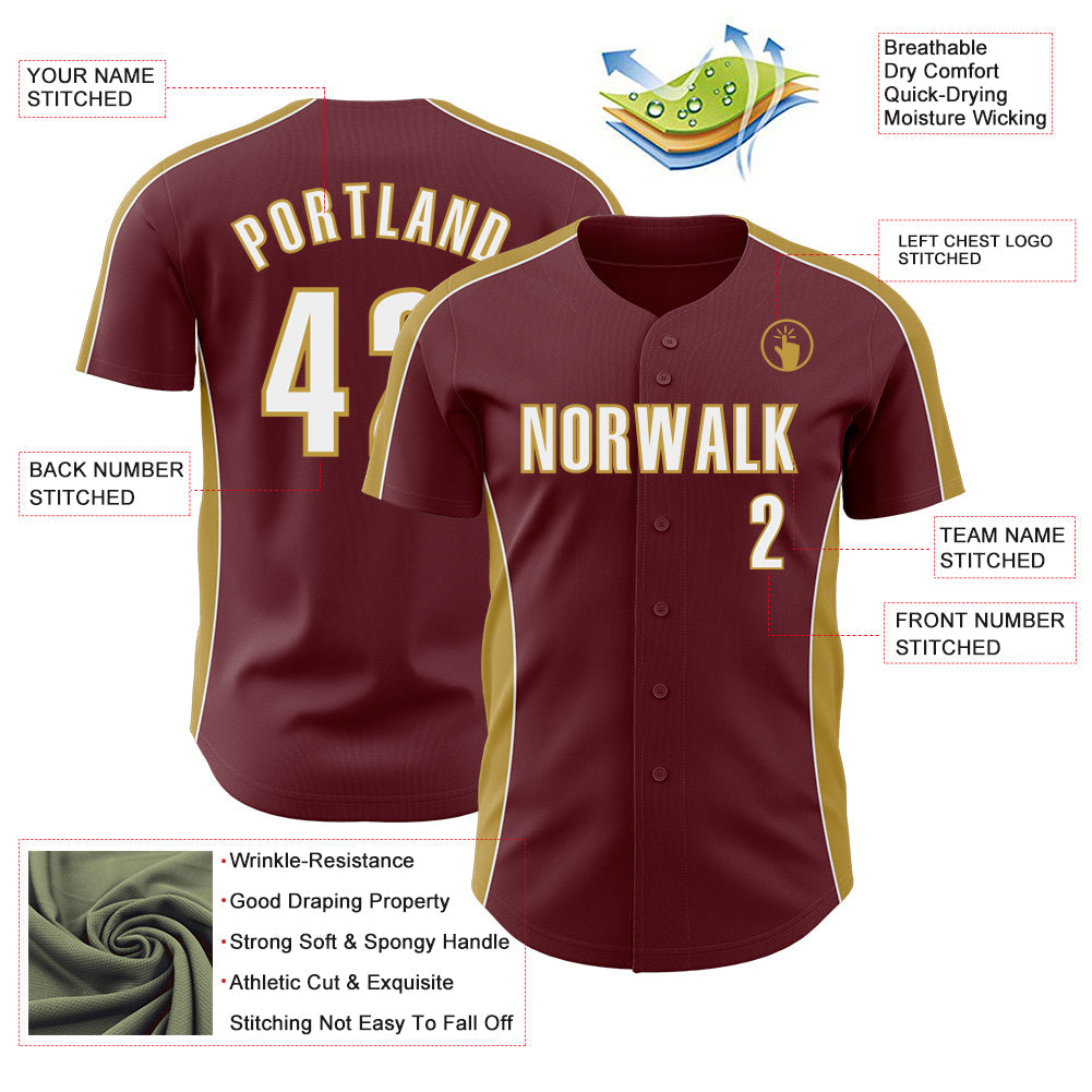 Custom Burgundy White-Old Gold Classic Color Block Side Panel Stripe Authentic Baseball Jersey view 3
