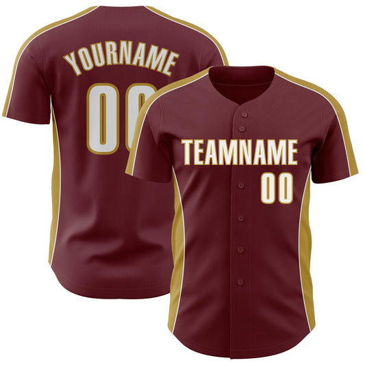 Custom Burgundy White-Old Gold Classic Color Block Side Panel Stripe Authentic Baseball Jersey - Main View