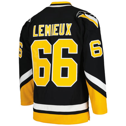 P.Penguins #66 Mario Lemieux Mitchell & Ness 1992-93 Blue Line Player Jersey - Black Stitched American Hockey Jerseys - Main View