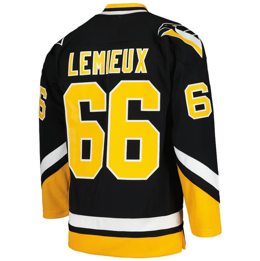 P.Penguins #66 Mario Lemieux Mitchell & Ness 1992-93 Blue Line Player Jersey - Black Stitched American Hockey Jerseys - Main View