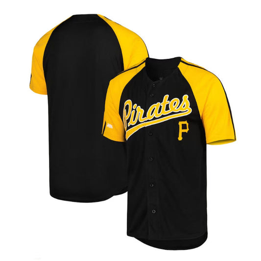 Pittsburgh Pirates Stitches Button-Down Raglan Fashion Jersey - Black Baseball Jerseys - Main View