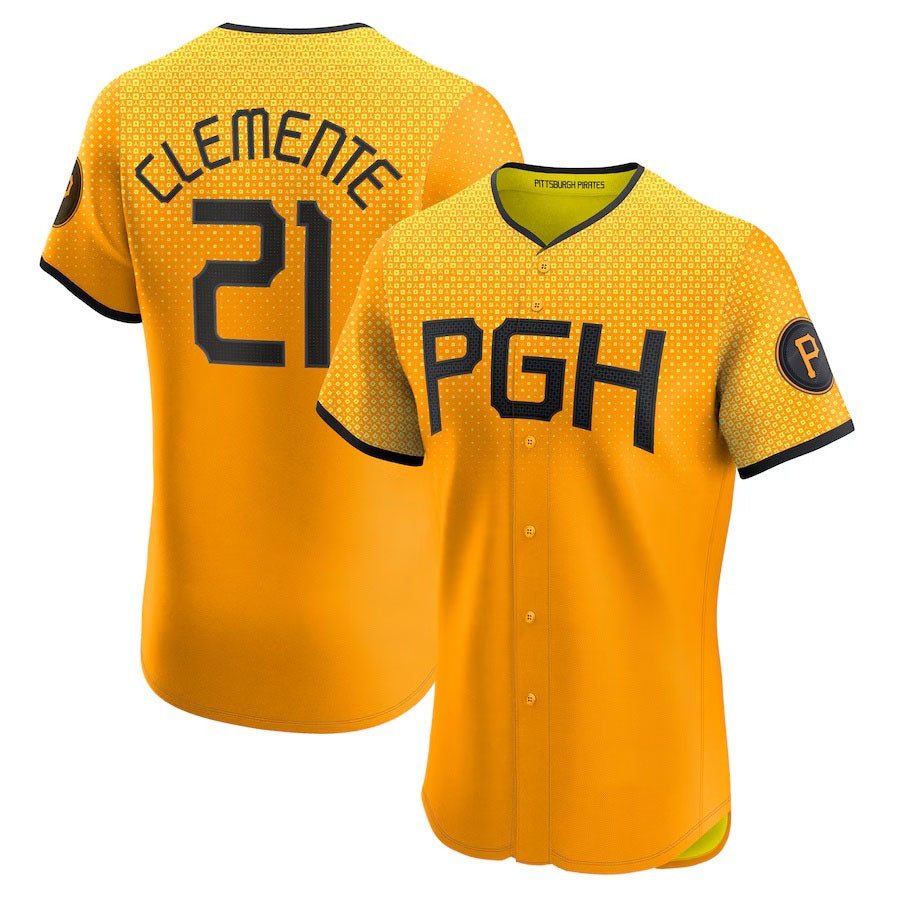 Pittsburgh Pirates #21 Roberto Clemente City Connect Elite Player Jersey - Gold Stitched Baseball Jersey - Main View