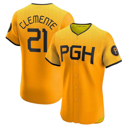 Pittsburgh Pirates #21 Roberto Clemente City Connect Elite Player Jersey - Gold Stitched Baseball Jersey - Main View
