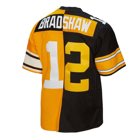P.Steelers #12 Terry Bradshaw Mitchell & Ness 1976 Split Legacy Replica Jersey - Black/Gold Stitched American Football Jerseys - Main View
