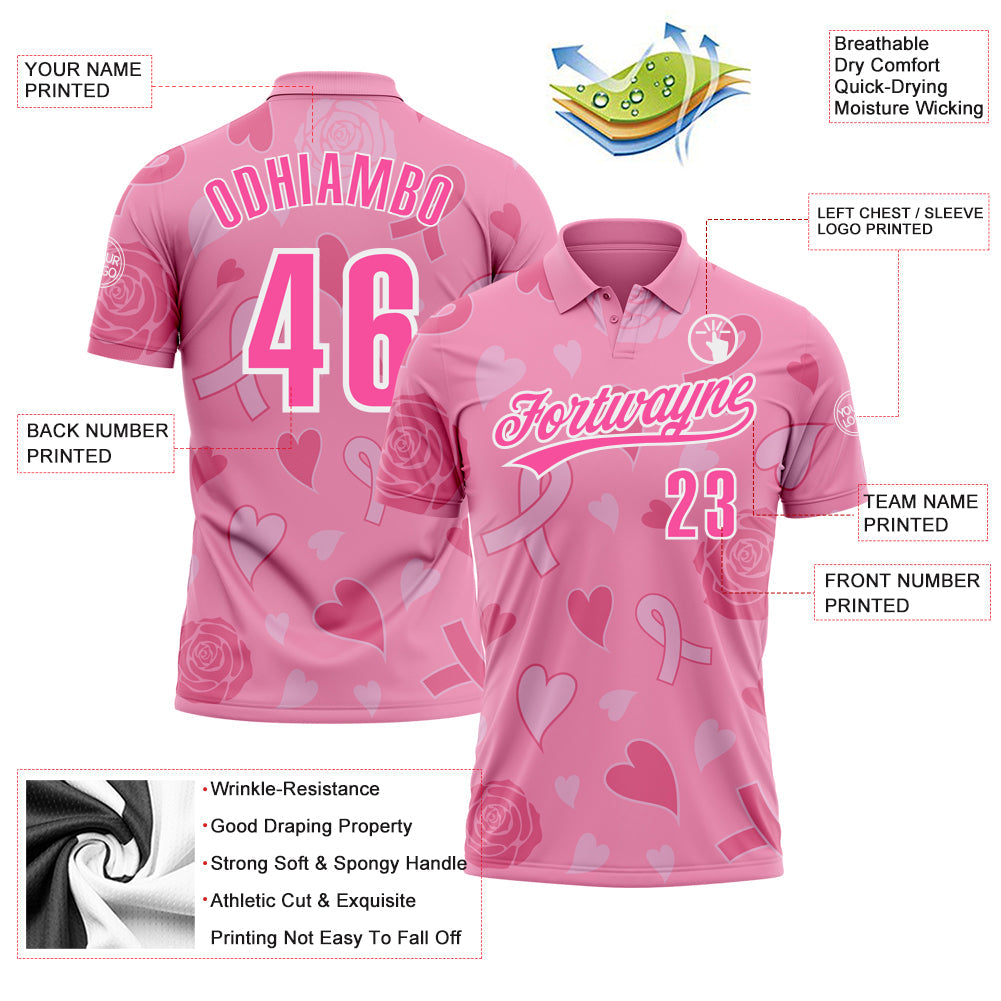 Custom Pink White 3D Pink Ribbon Breast Cancer Awareness Month Women Health Care Support Performance Polo Shirt view 3