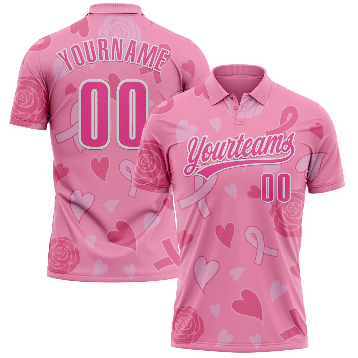 Custom Pink White 3D Pink Ribbon Breast Cancer Awareness Month Women Health Care Support Performance Polo Shirt - Main View