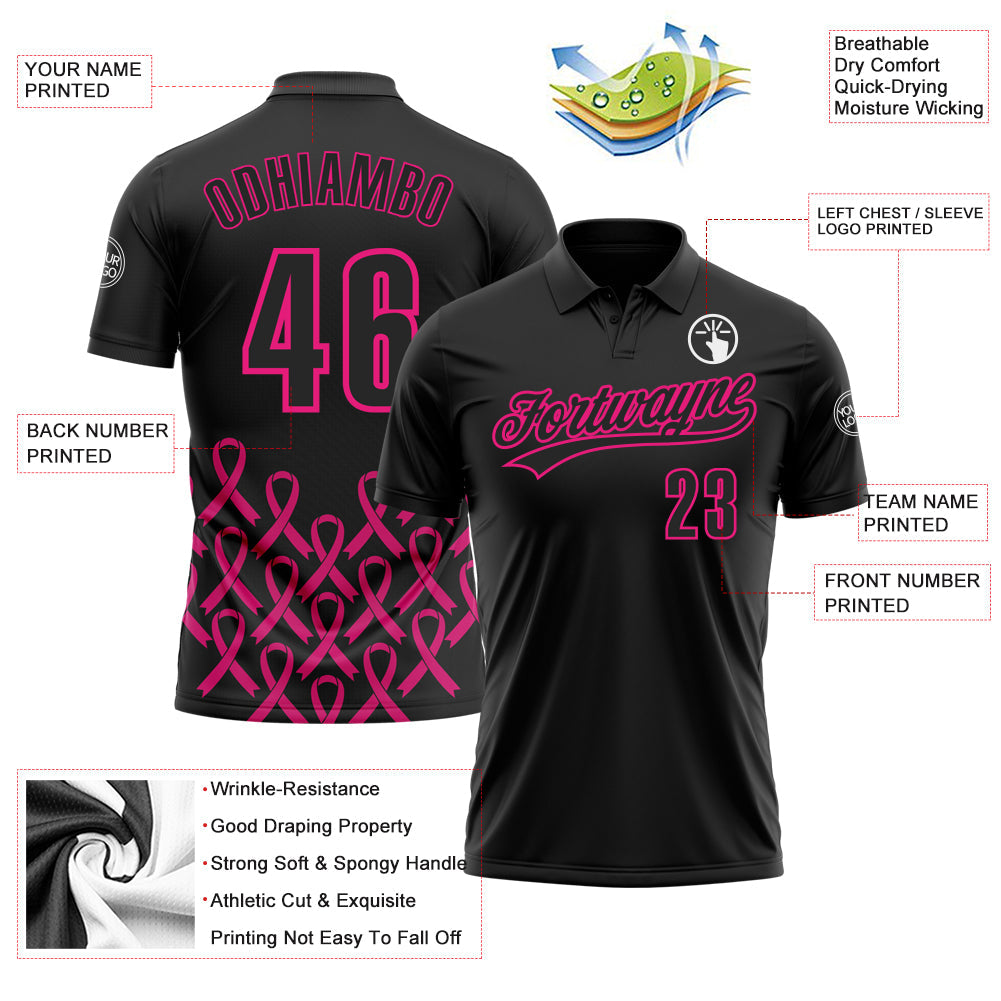 Custom Black Hot Pink 3D Pink Ribbon Breast Cancer Awareness Month Women Health Care Support Performance Polo Shirt view 3