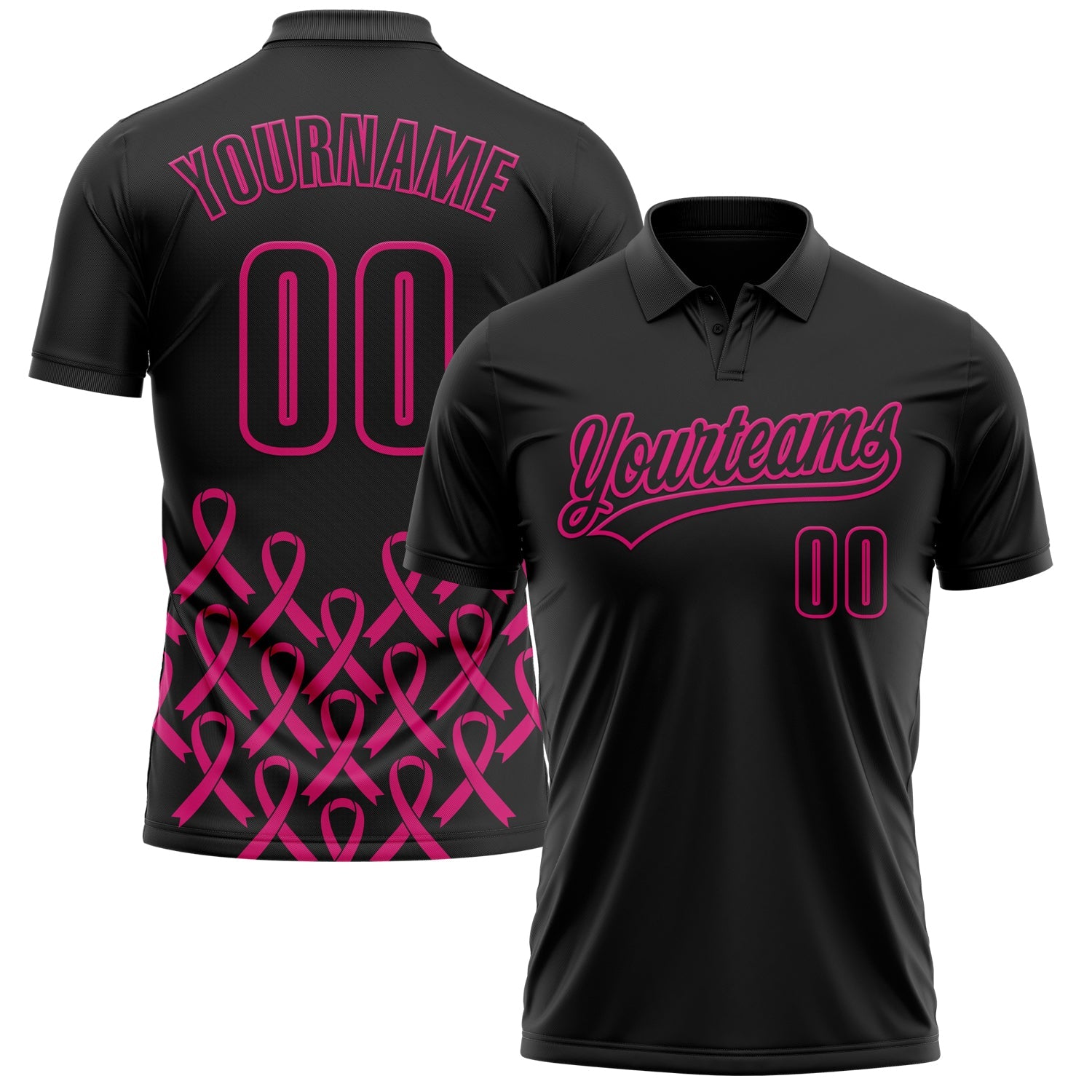 Custom Black Hot Pink 3D Pink Ribbon Breast Cancer Awareness Month Women Health Care Support Performance Polo Shirt - Main View