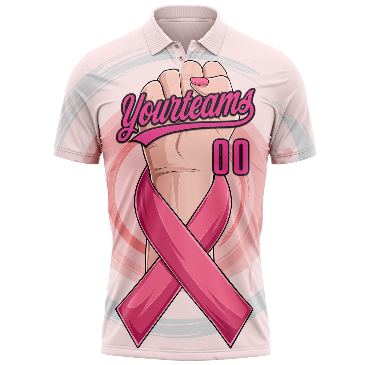 Custom Light Pink Pink-Black 3D Breast Cancer Awareness Month With Woman Hand And Pink Ribbon Women Health Care Support Performance Polo Shirt view 2