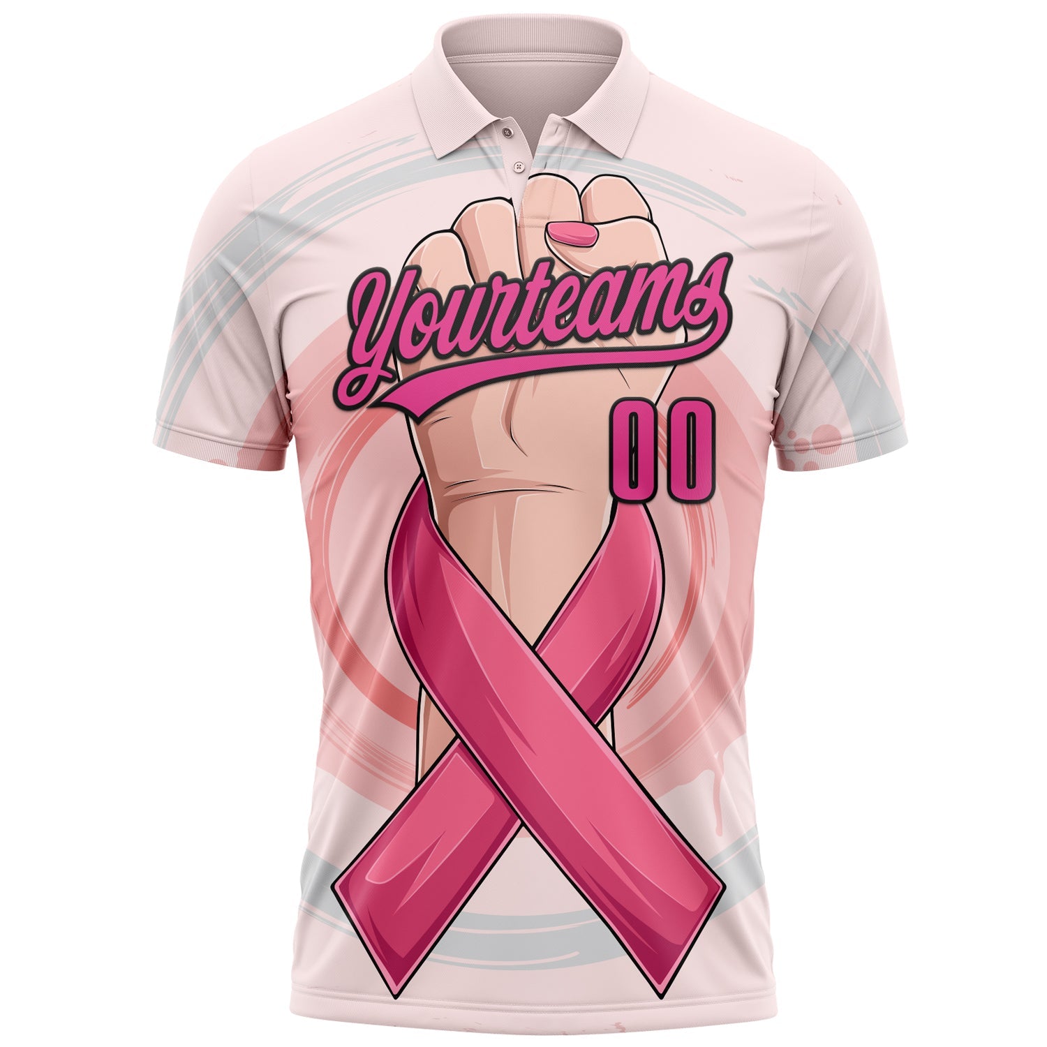 Custom Light Pink Pink-Black 3D Breast Cancer Awareness Month With Woman Hand And Pink Ribbon Women Health Care Support Performance Polo Shirt view 2