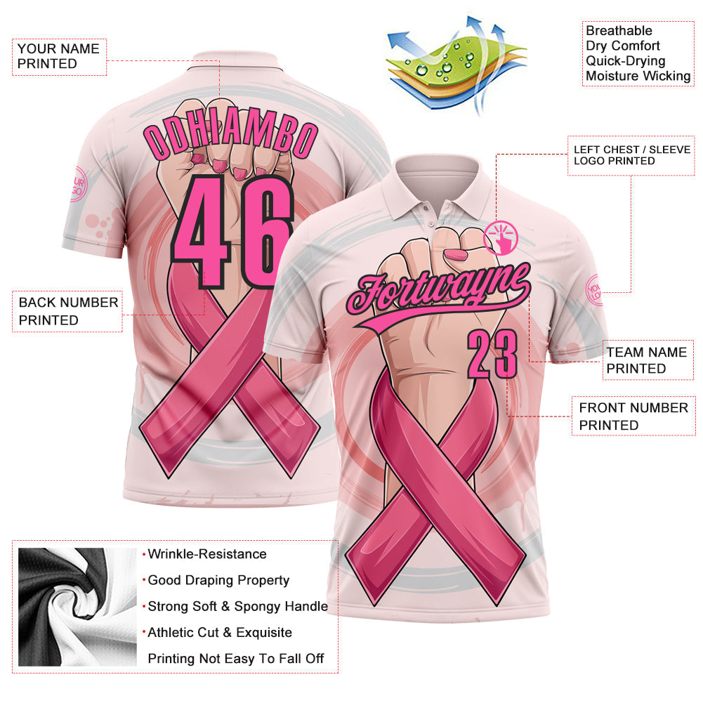 Custom Light Pink Pink-Black 3D Breast Cancer Awareness Month With Woman Hand And Pink Ribbon Women Health Care Support Performance Polo Shirt view 3