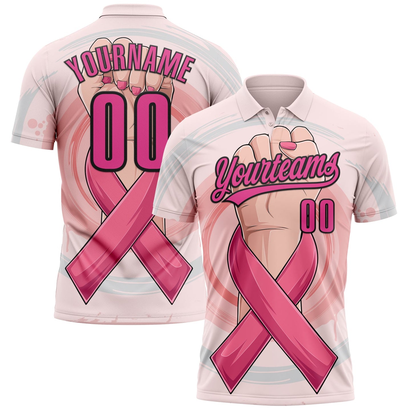 Custom Light Pink Pink-Black 3D Breast Cancer Awareness Month With Woman Hand And Pink Ribbon Women Health Care Support Performance Polo Shirt - Main View