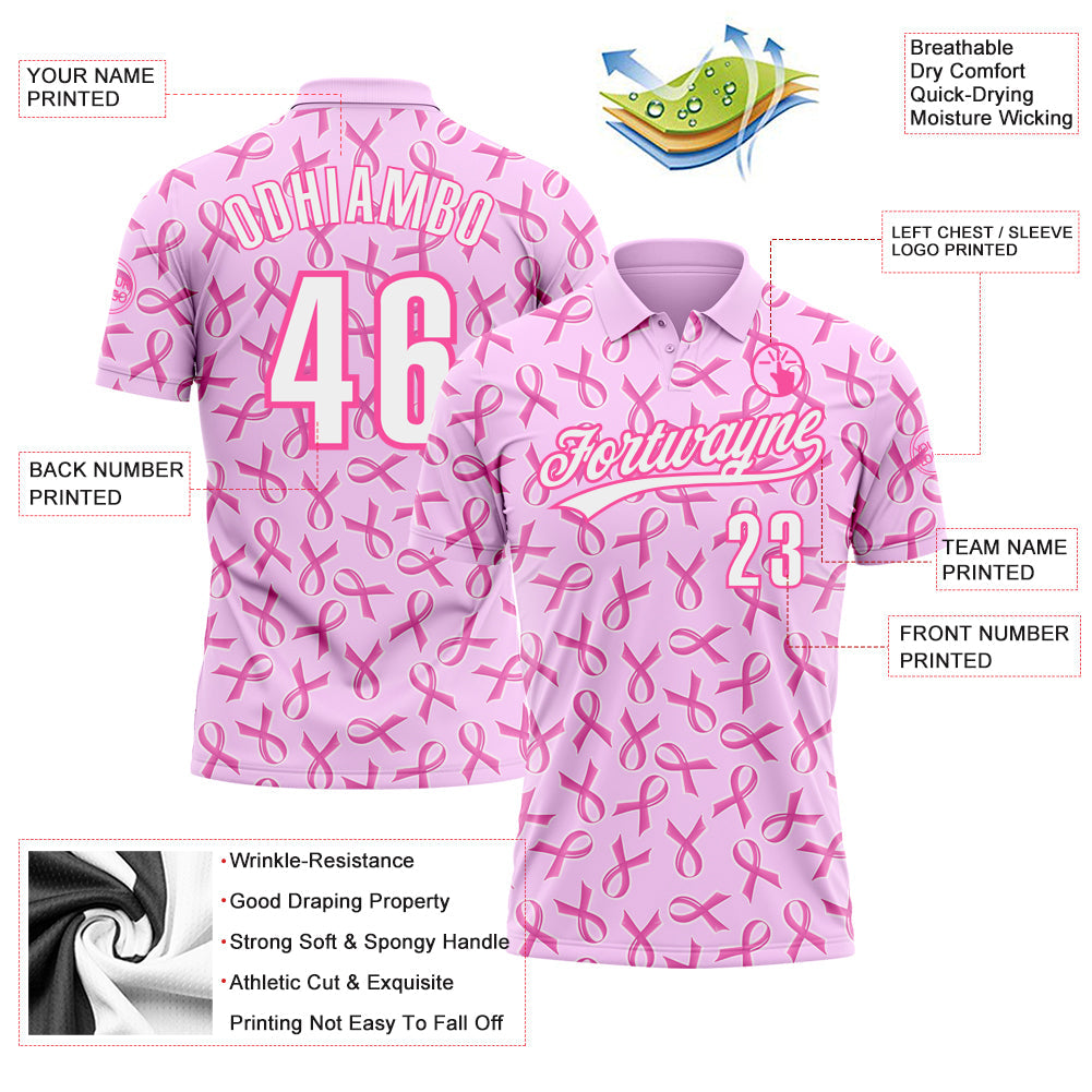 Custom Pink White 3D Pink Ribbon Breast Cancer Awareness Month Women Health Care Support Performance Polo Shirt view 3