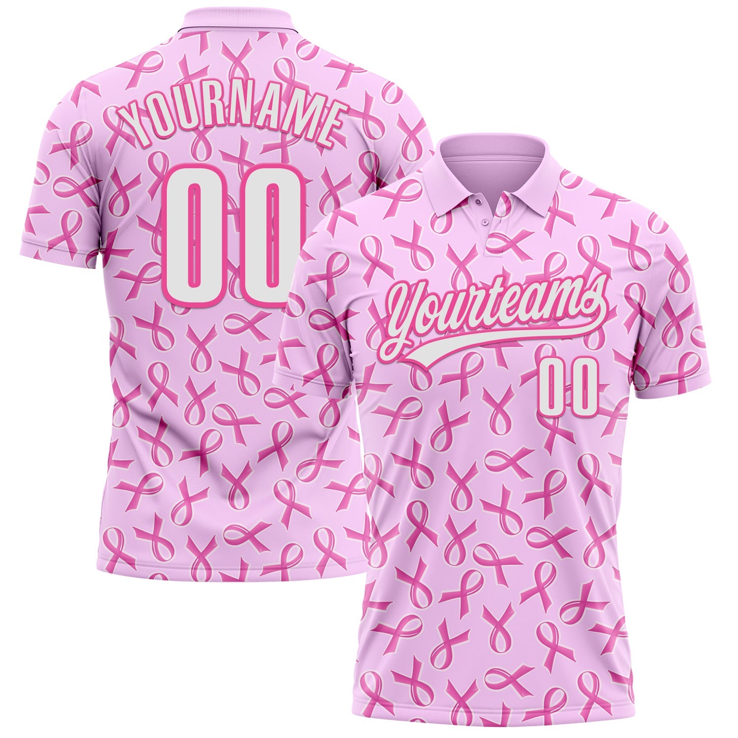 Custom Pink White 3D Pink Ribbon Breast Cancer Awareness Month Women Health Care Support Performance Polo Shirt - Main View