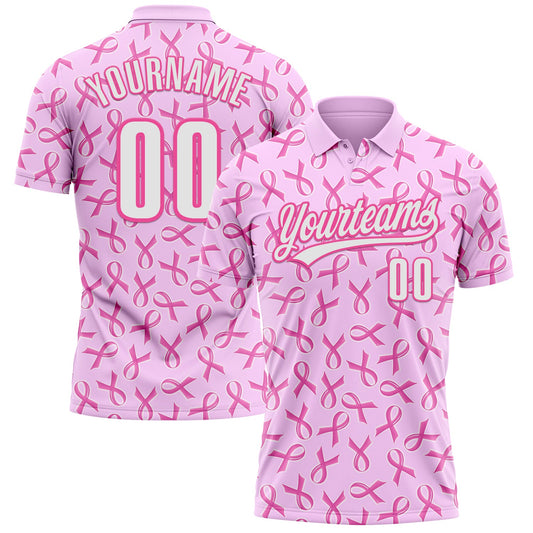 Custom Pink White 3D Pink Ribbon Breast Cancer Awareness Month Women Health Care Support Performance Polo Shirt - Main View