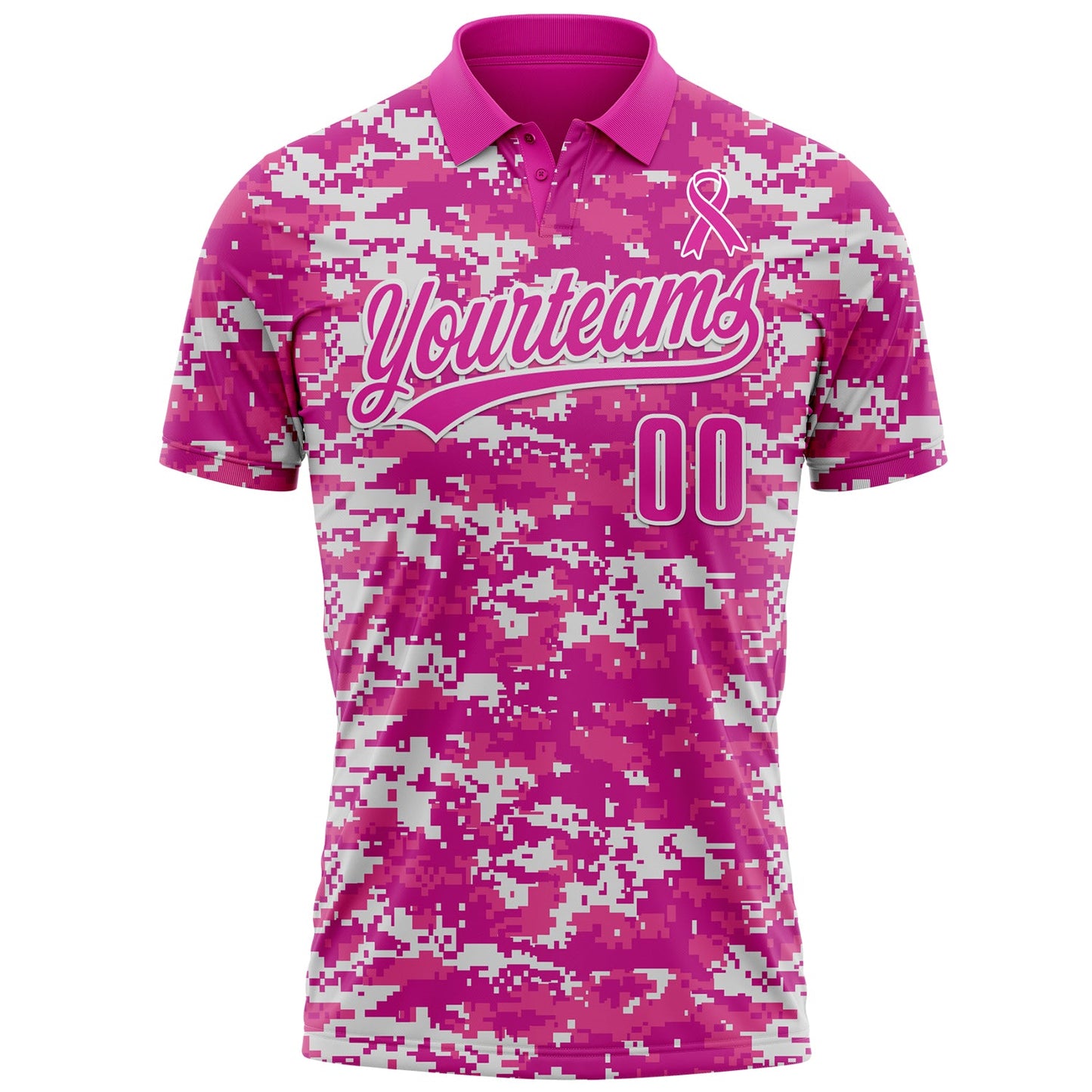 Custom Camo Deep Pink-White 3D Pink Ribbon Breast Cancer Awareness Month Women Health Care Support Performance Polo Shirt view 2
