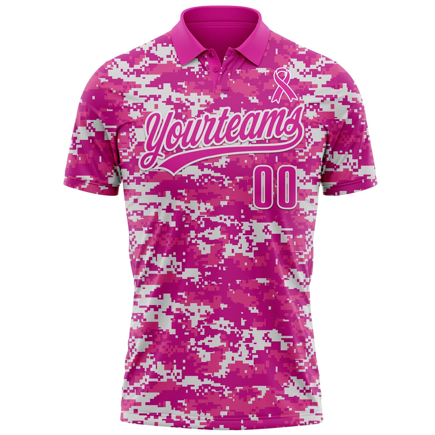 Custom Camo Deep Pink-White 3D Pink Ribbon Breast Cancer Awareness Month Women Health Care Support Performance Polo Shirt view 2
