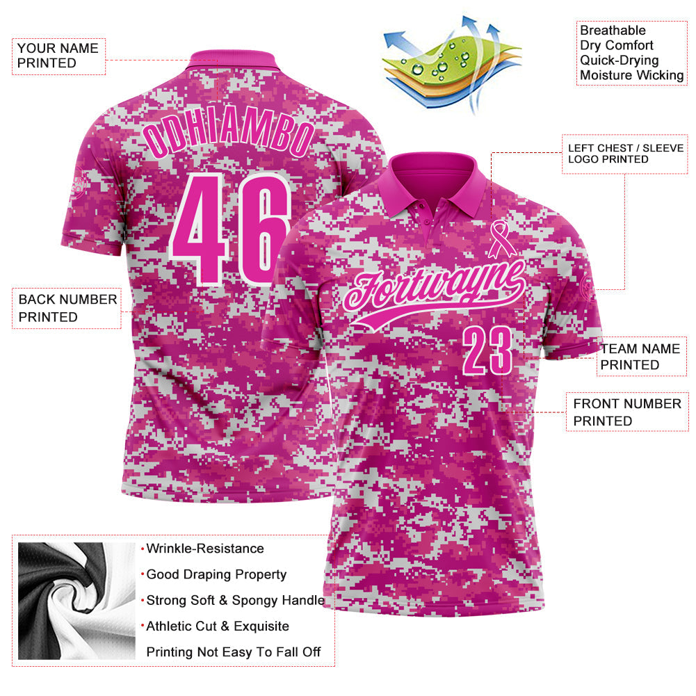 Custom Camo Deep Pink-White 3D Pink Ribbon Breast Cancer Awareness Month Women Health Care Support Performance Polo Shirt view 3