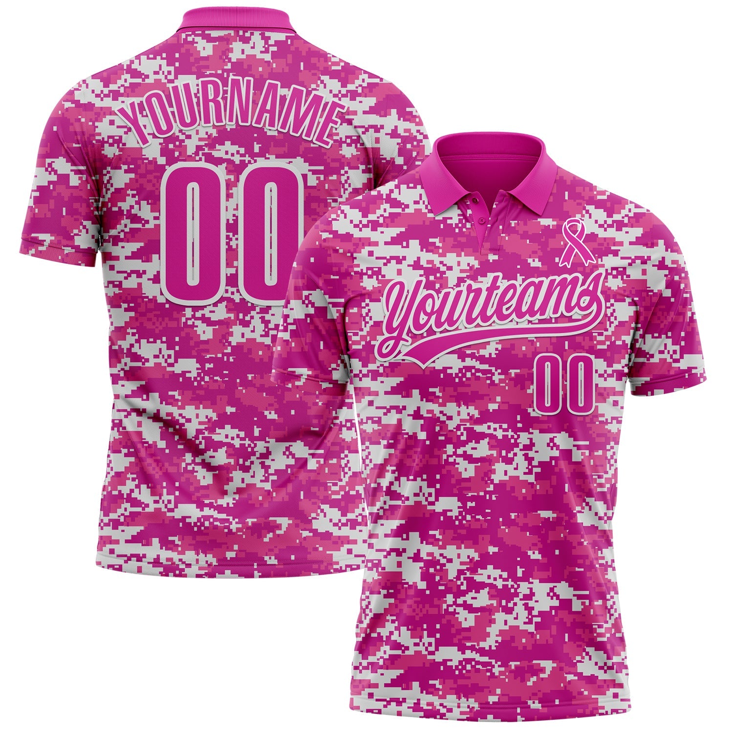 Custom Camo Deep Pink-White 3D Pink Ribbon Breast Cancer Awareness Month Women Health Care Support Performance Polo Shirt - Main View