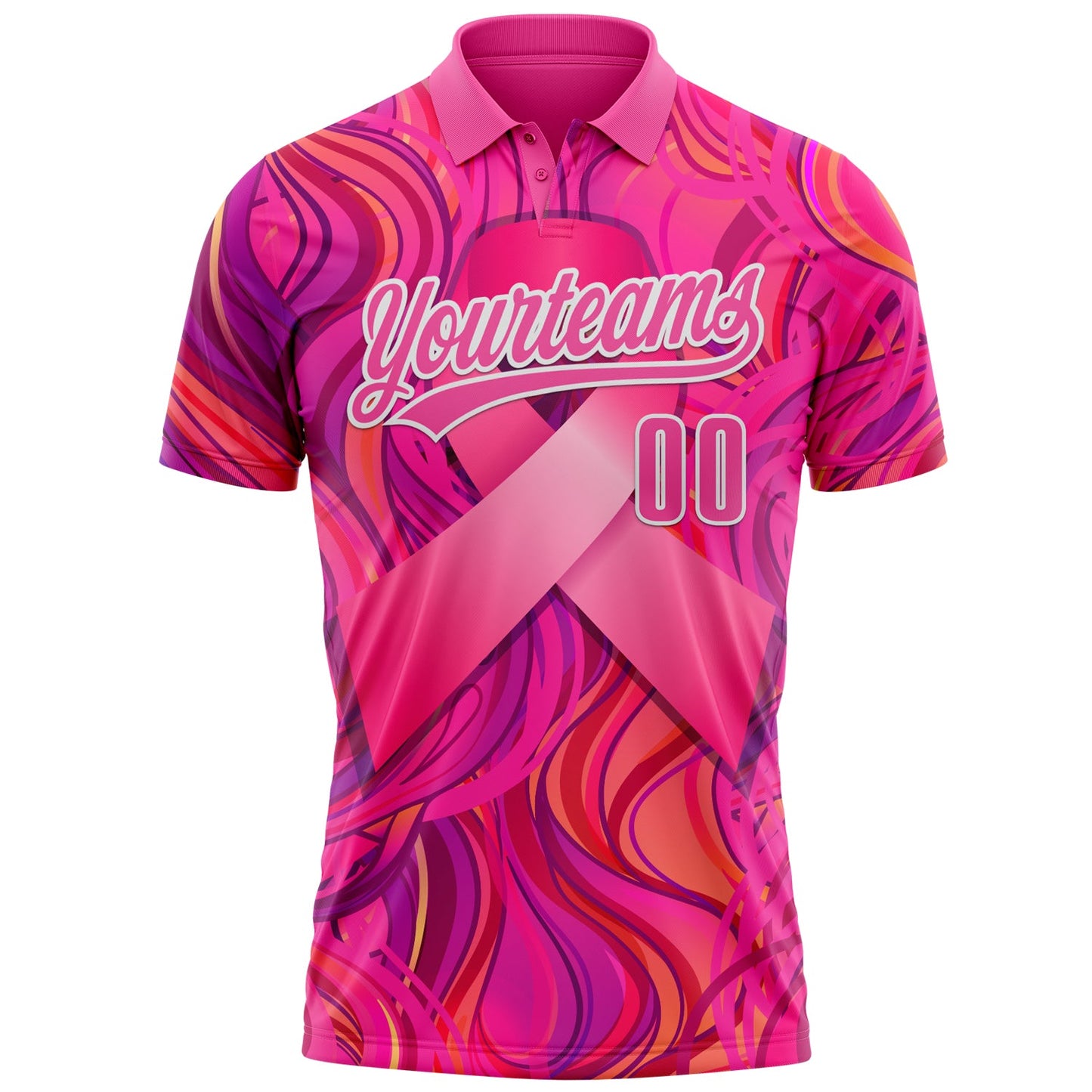 Custom Pink White 3D Pink Ribbon Breast Cancer Awareness Month Women Health Care Support Performance Polo Shirt view 2