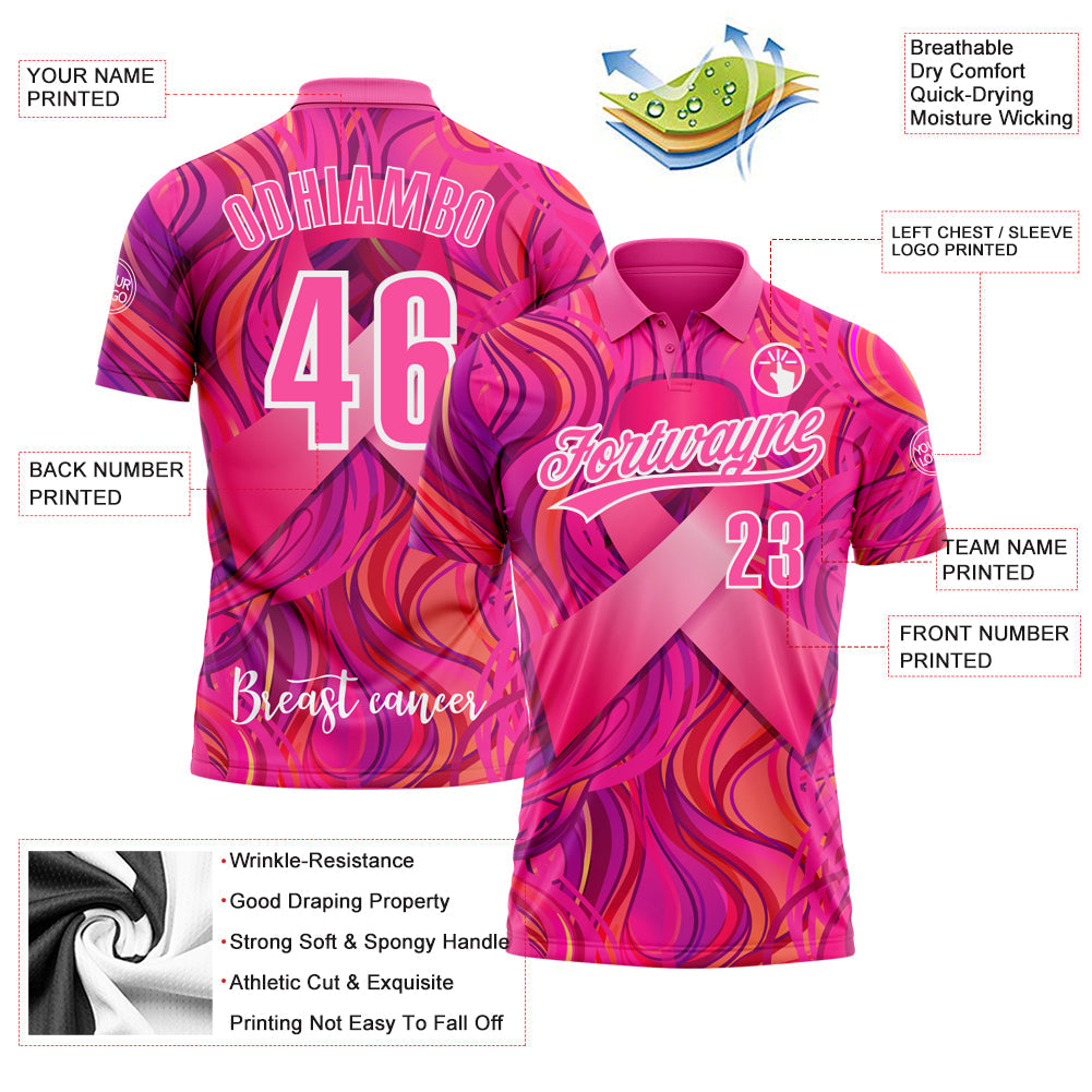 Custom Pink White 3D Pink Ribbon Breast Cancer Awareness Month Women Health Care Support Performance Polo Shirt view 3