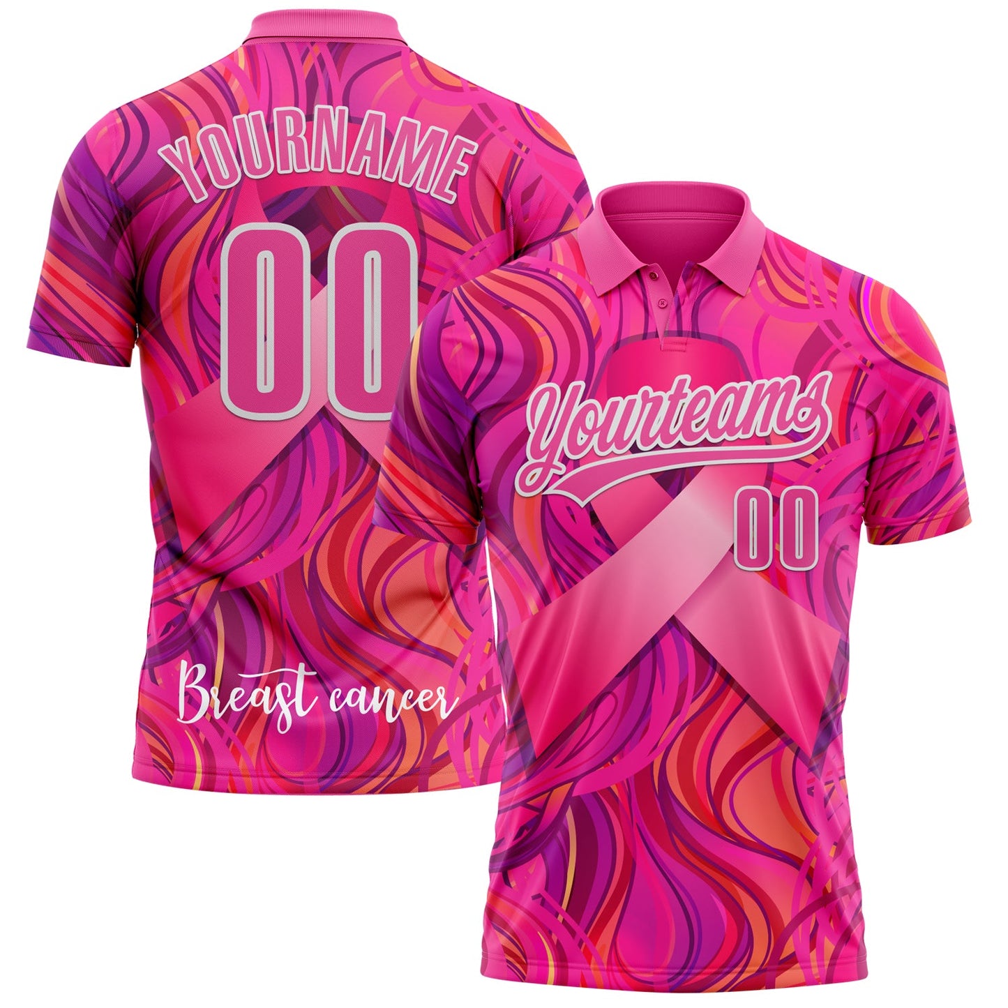Custom Pink White 3D Pink Ribbon Breast Cancer Awareness Month Women Health Care Support Performance Polo Shirt - Main View