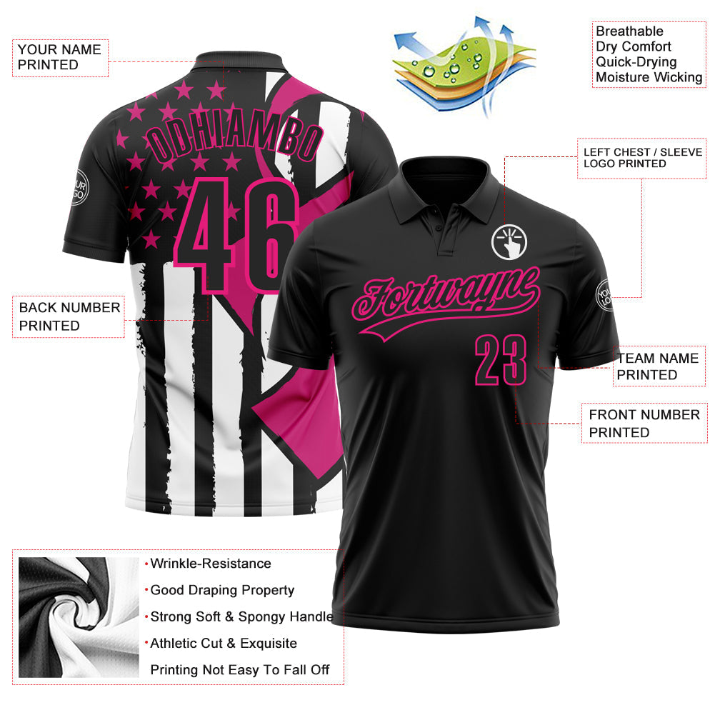 Custom Black Hot Pink-White 3D Pink Ribbon Breast Cancer Awareness Month Women Health Care Support Performance Polo Shirt view 3