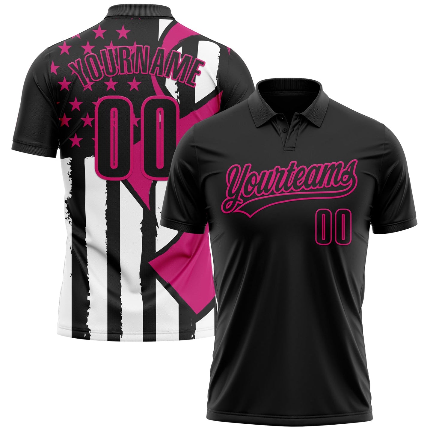 Custom Black Hot Pink-White 3D Pink Ribbon Breast Cancer Awareness Month Women Health Care Support Performance Polo Shirt - Main View