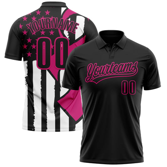 Custom Black Hot Pink-White 3D Pink Ribbon Breast Cancer Awareness Month Women Health Care Support Performance Polo Shirt - Main View