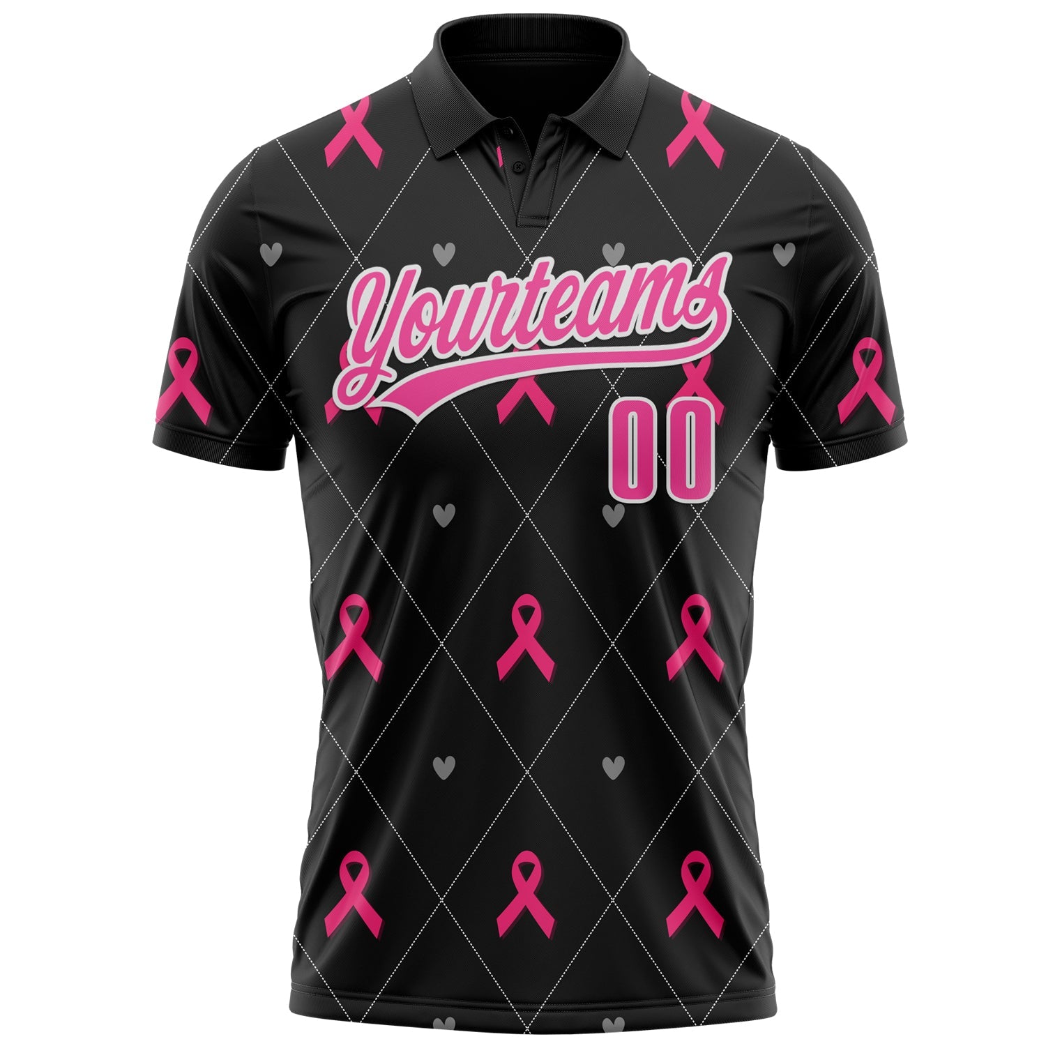 Custom Black Pink-White 3D Pink Ribbon Breast Cancer Awareness Month Women Health Care Support Performance Polo Shirt view 2