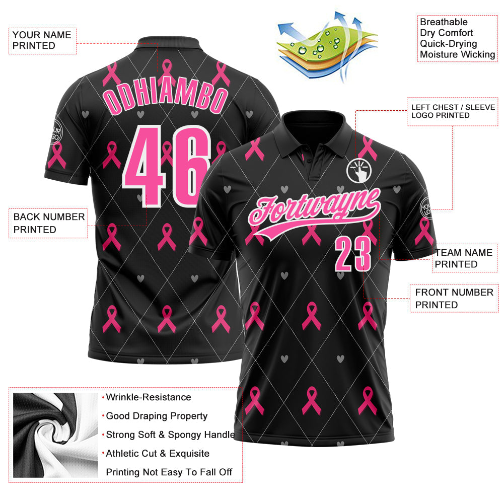 Custom Black Pink-White 3D Pink Ribbon Breast Cancer Awareness Month Women Health Care Support Performance Polo Shirt view 3
