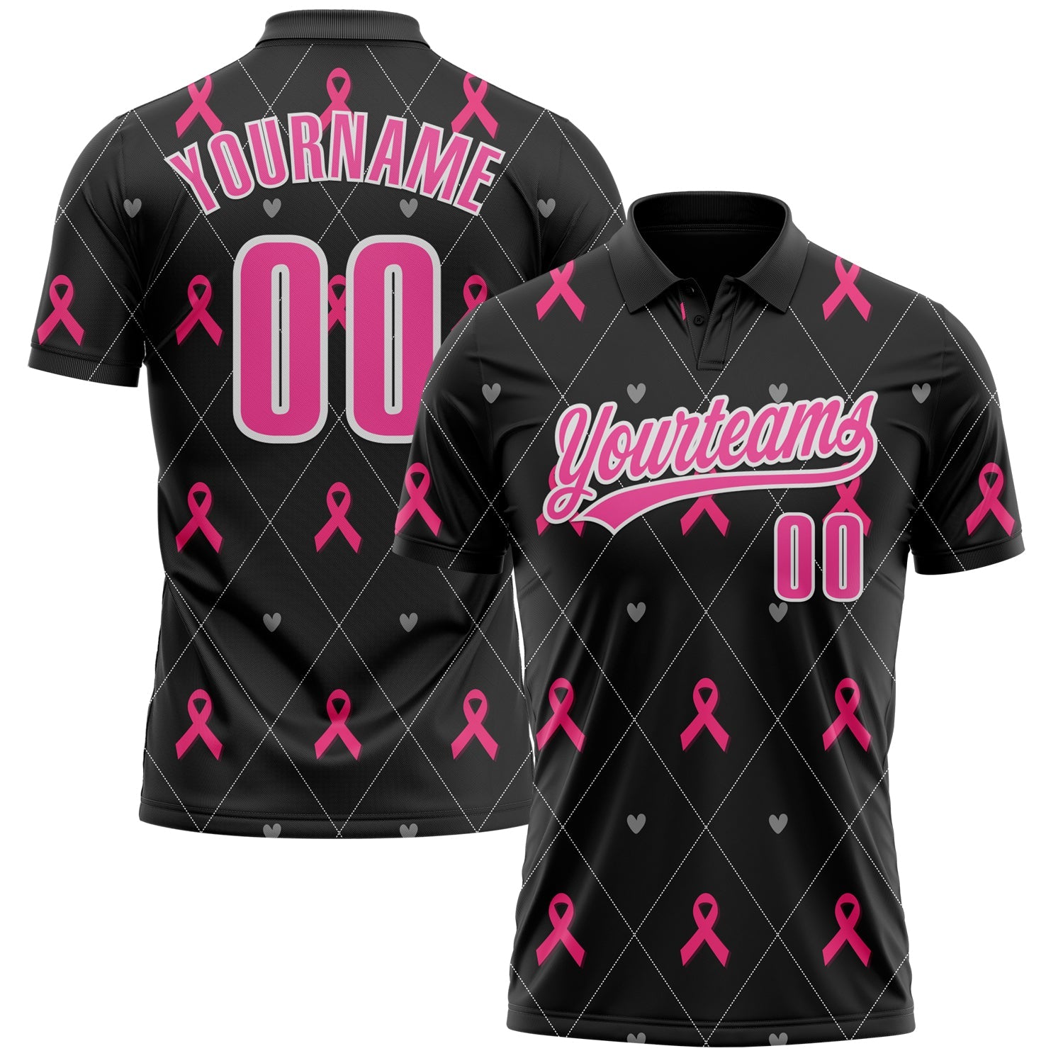 Custom Black Pink-White 3D Pink Ribbon Breast Cancer Awareness Month Women Health Care Support Performance Polo Shirt - Main View