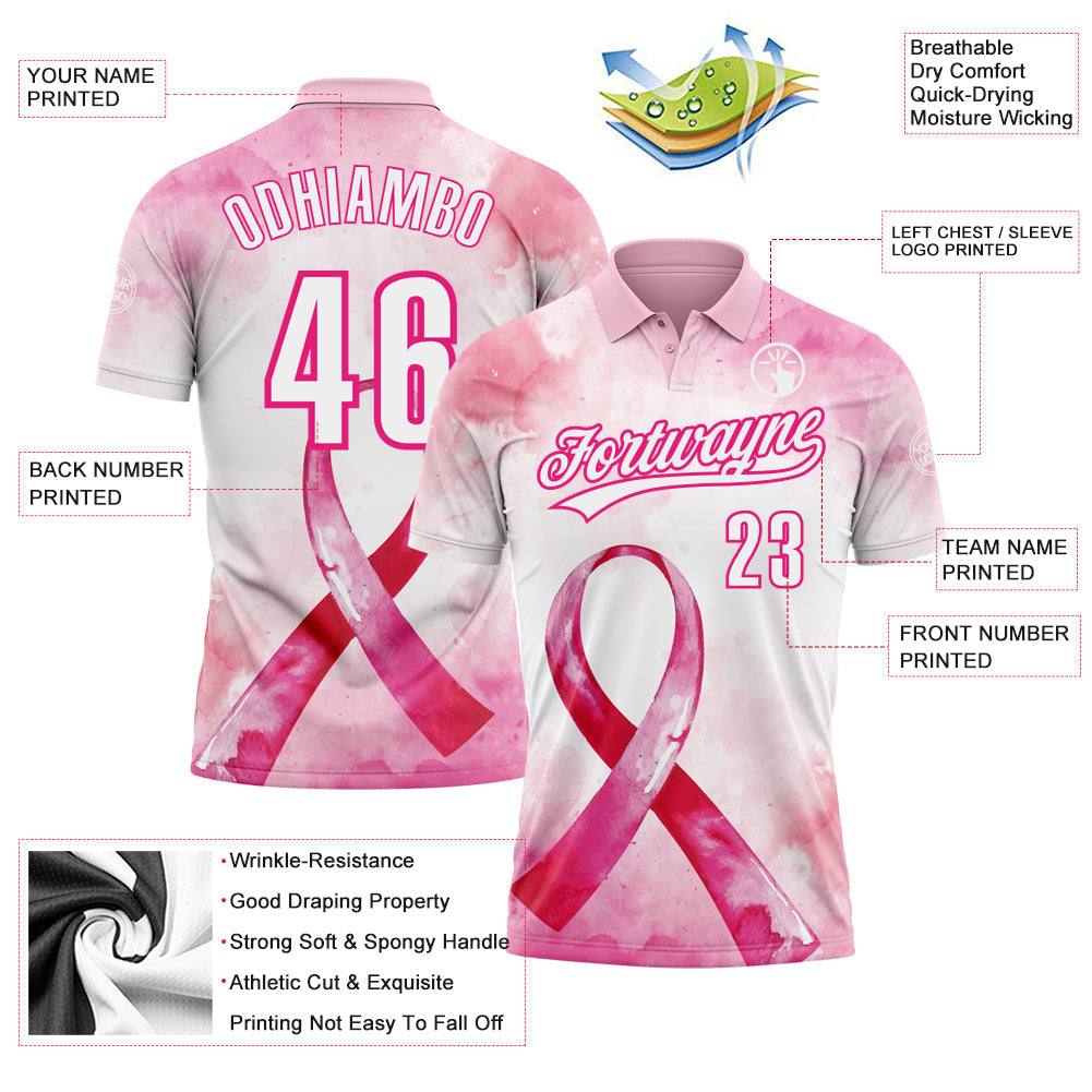 Custom Pink White-Hot Pink 3D Pink Ribbon Breast Cancer Awareness Month Women Health Care Support Performance Polo Shirt view 3