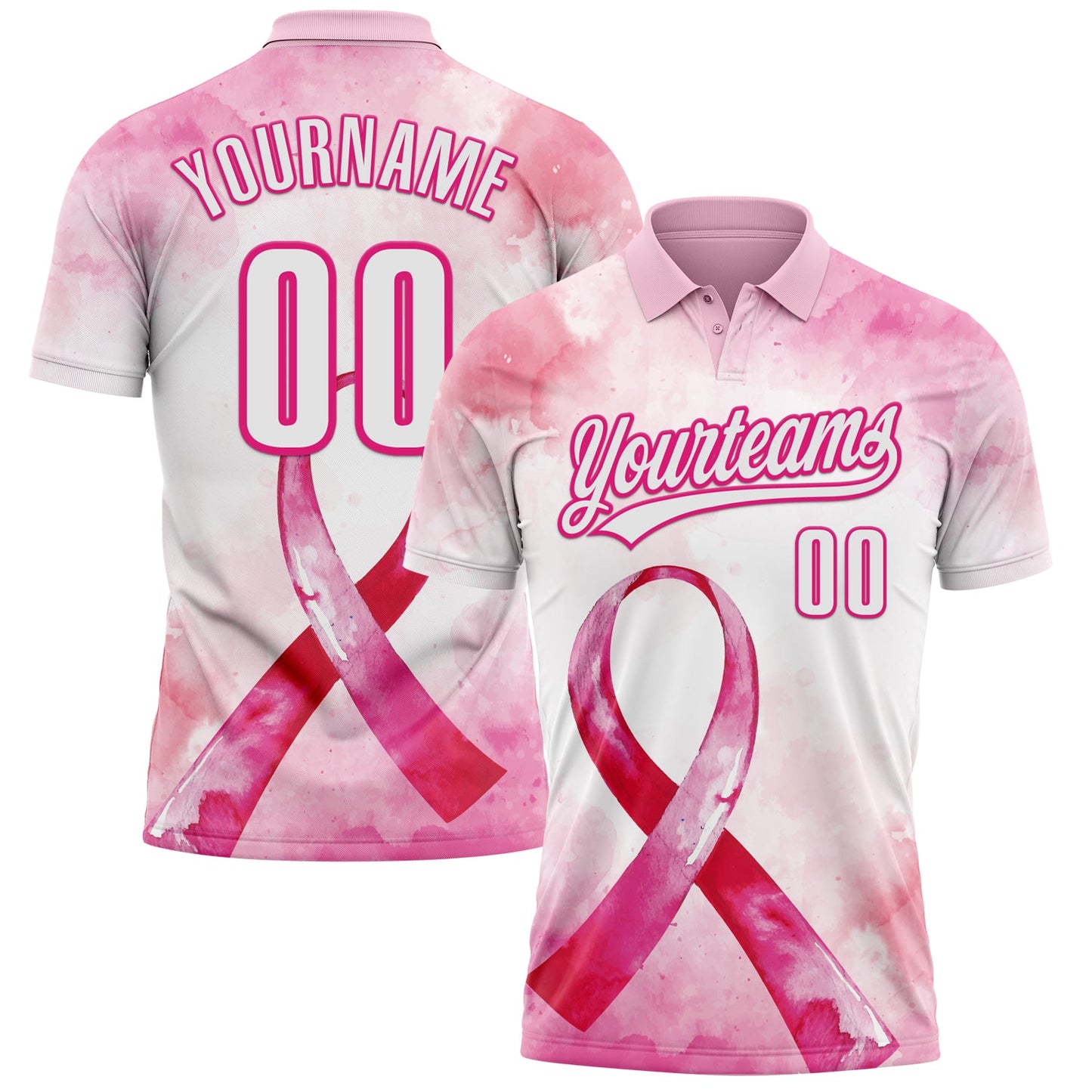 Custom Pink White-Hot Pink 3D Pink Ribbon Breast Cancer Awareness Month Women Health Care Support Performance Polo Shirt - Main View