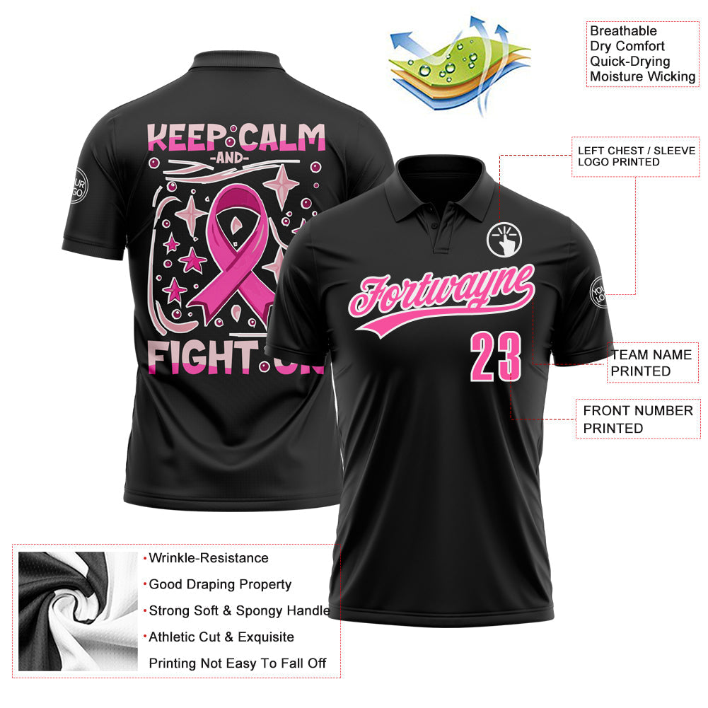 Custom Black Pink-White 3D Pink Ribbon Keep Calm And Fight On Breast Cancer Awareness Month Women Health Care Support Performance Polo Shirt view 3