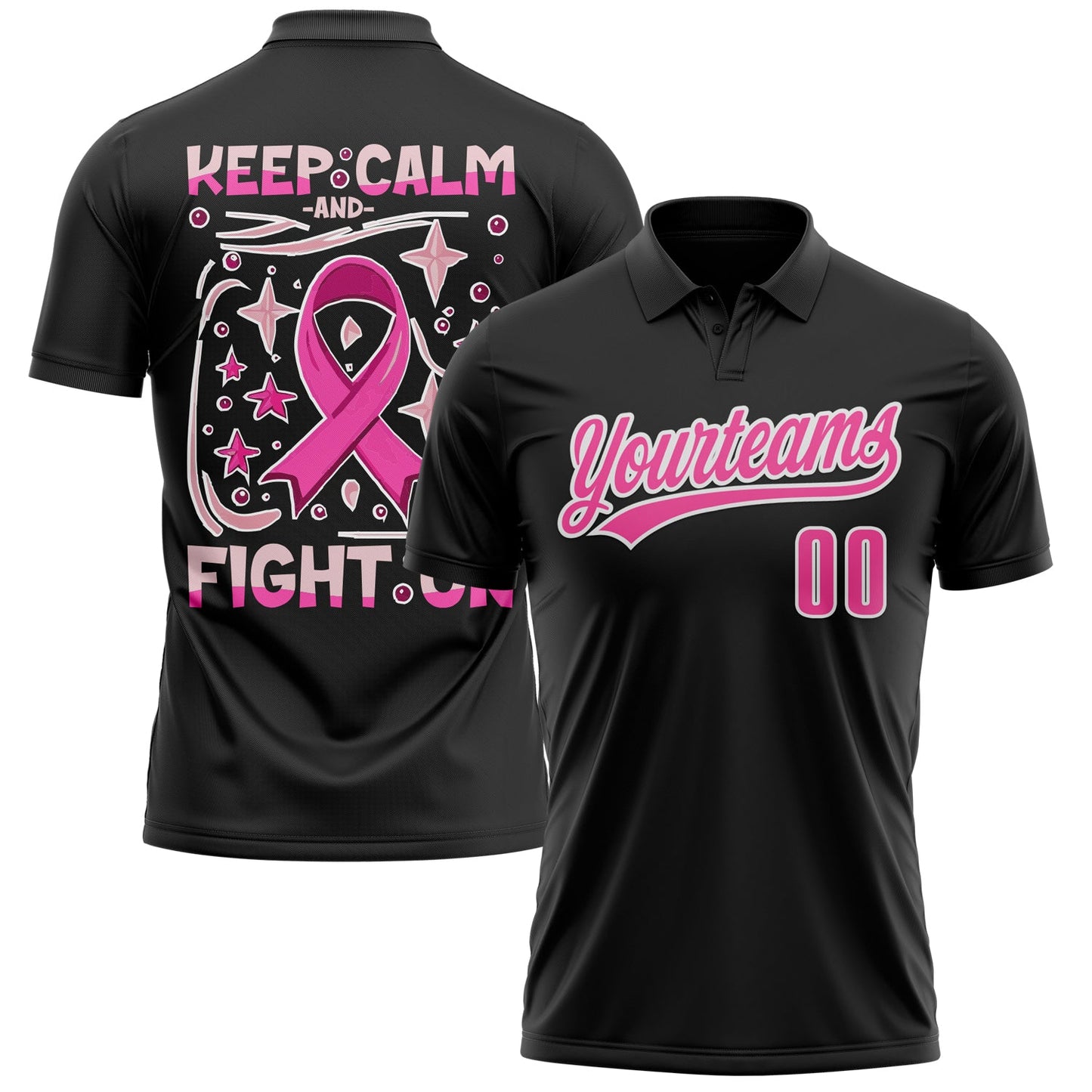 Custom Black Pink-White 3D Pink Ribbon Keep Calm And Fight On Breast Cancer Awareness Month Women Health Care Support Performance Polo Shirt - Main View