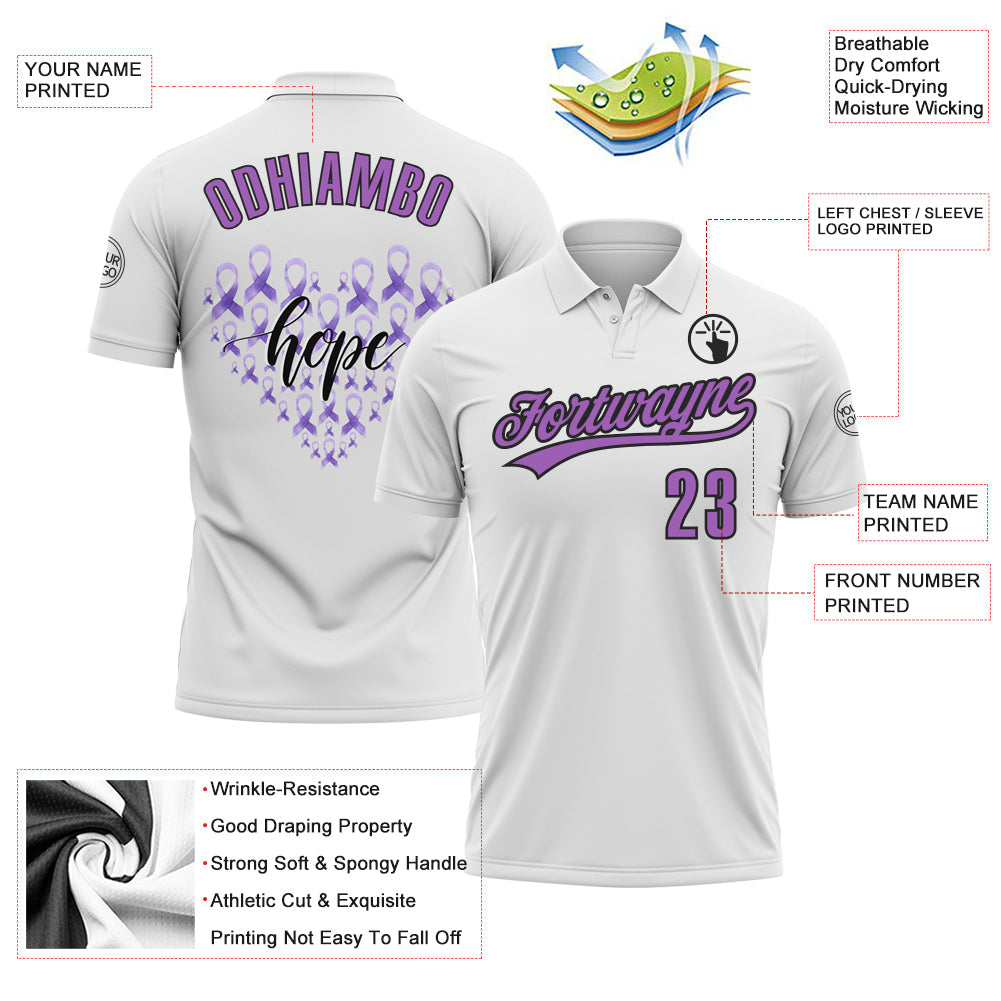 Custom White Medium Purple-Black 3D World Cancer Day Heart Ribbon Hope Performance Polo Shirt view 3