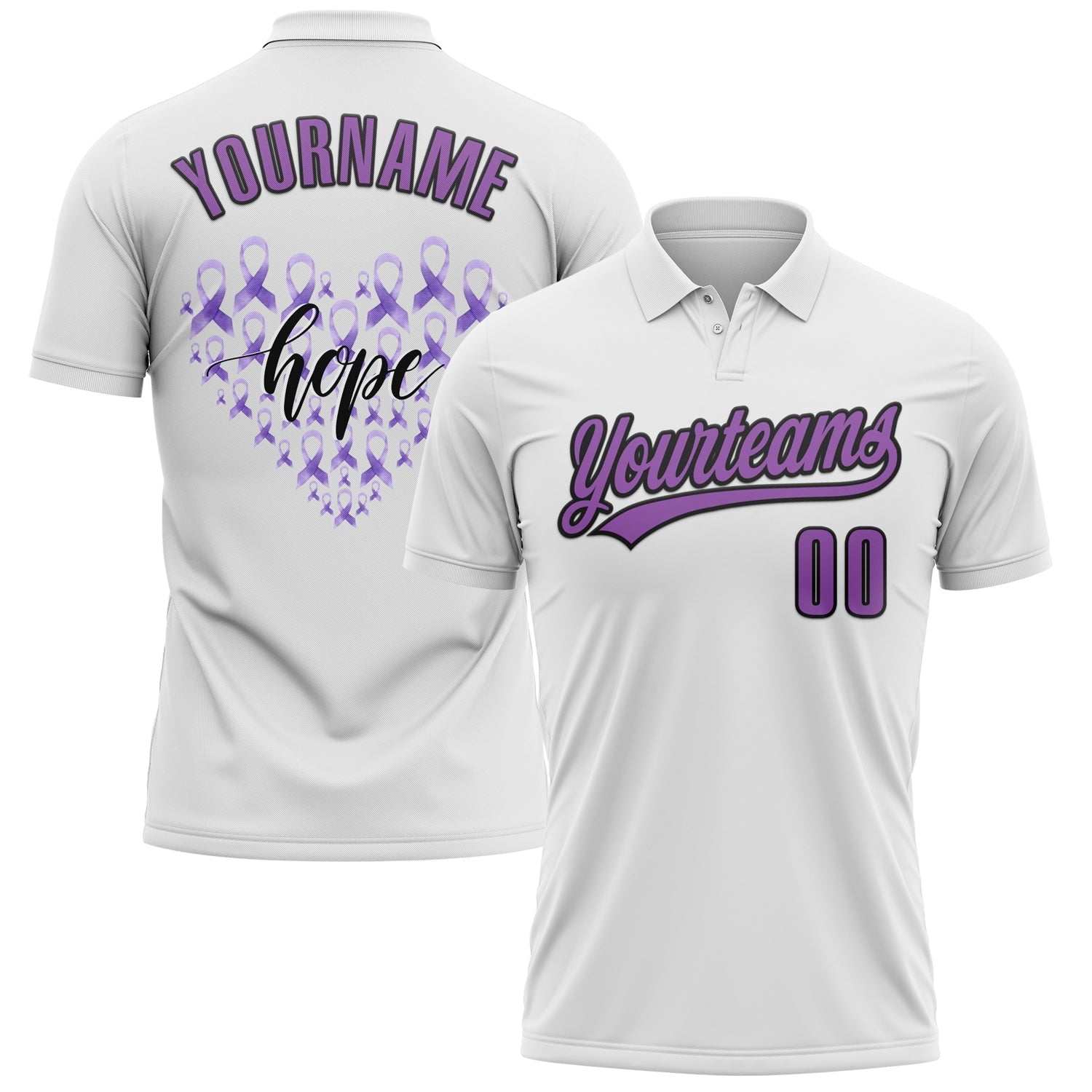 Custom White Medium Purple-Black 3D World Cancer Day Heart Ribbon Hope Performance Polo Shirt - Main View