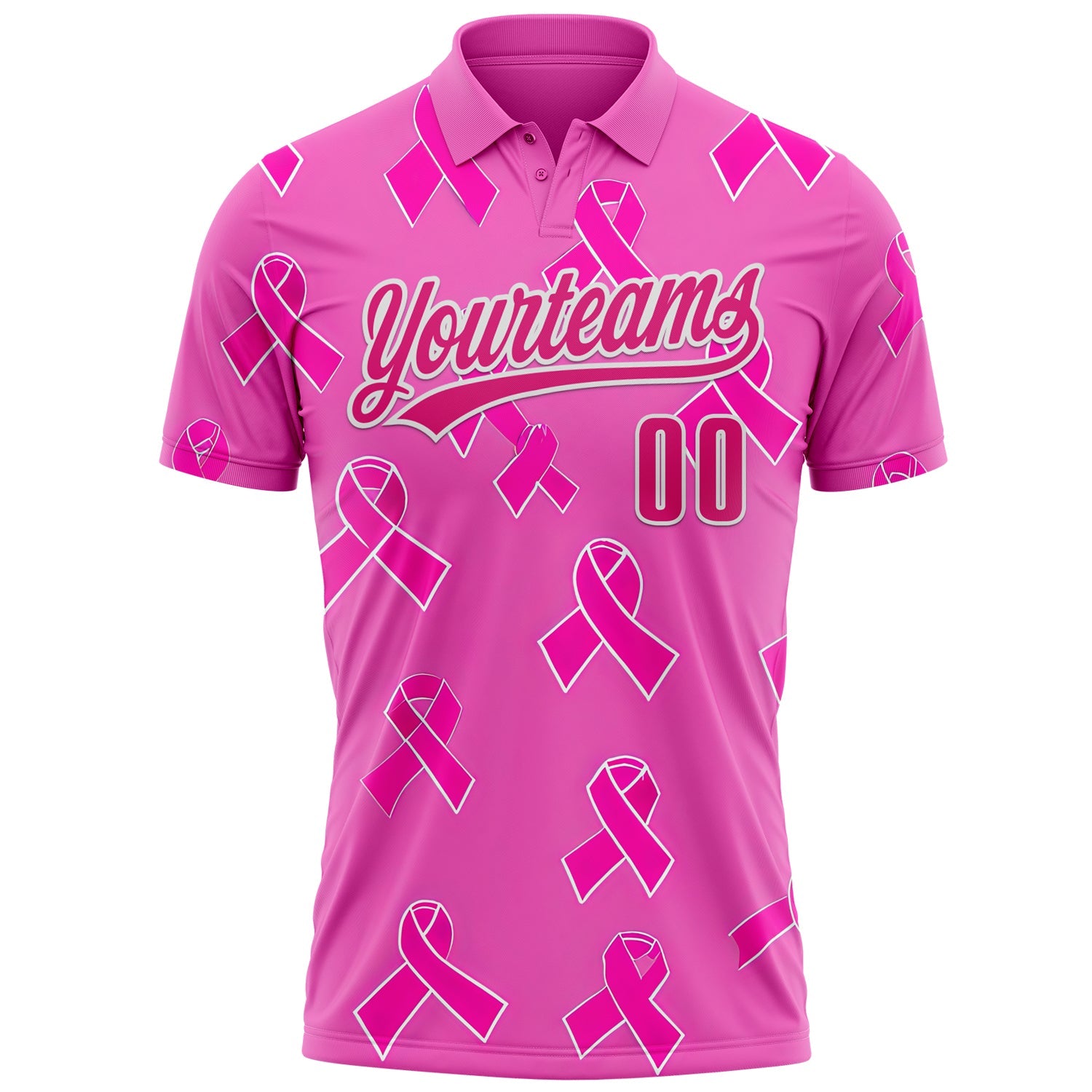 Custom Pink Hot Pink-White 3D Pink Ribbon Breast Cancer Awareness Month Women Health Care Support Performance Polo Shirt view 2