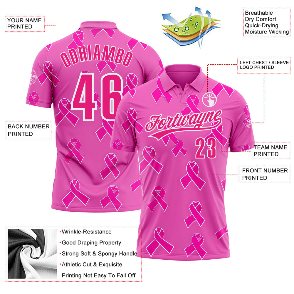 Custom Pink Hot Pink-White 3D Pink Ribbon Breast Cancer Awareness Month Women Health Care Support Performance Polo Shirt view 3