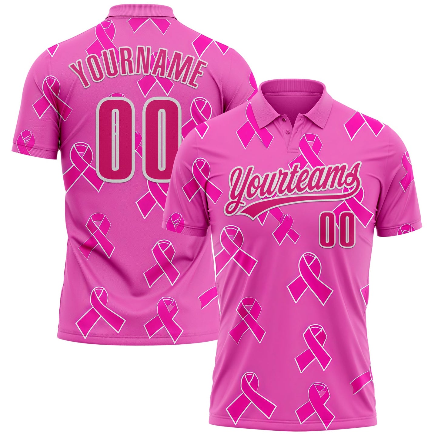 Custom Pink Hot Pink-White 3D Pink Ribbon Breast Cancer Awareness Month Women Health Care Support Performance Polo Shirt - Main View