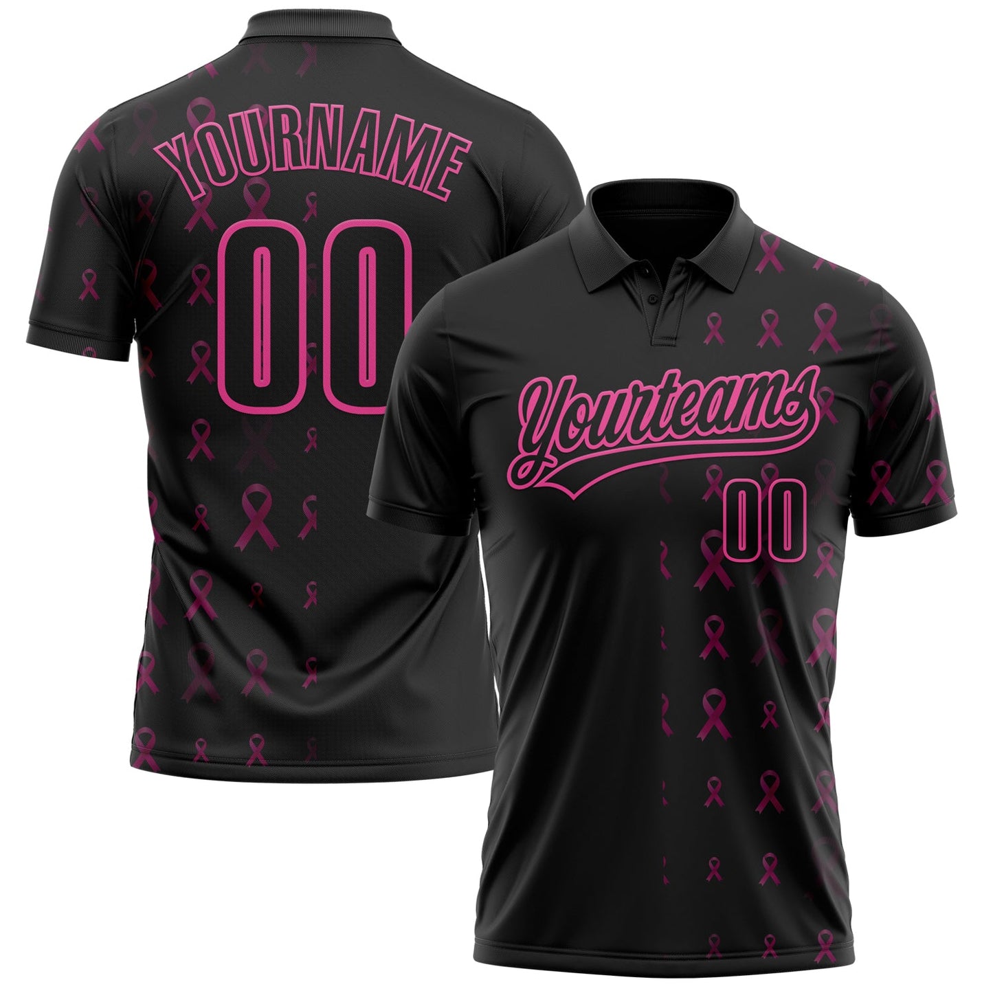 Custom Black Pink 3D Pink Ribbon Breast Cancer Awareness Month Women Health Care Support Performance Polo Shirt - Main View