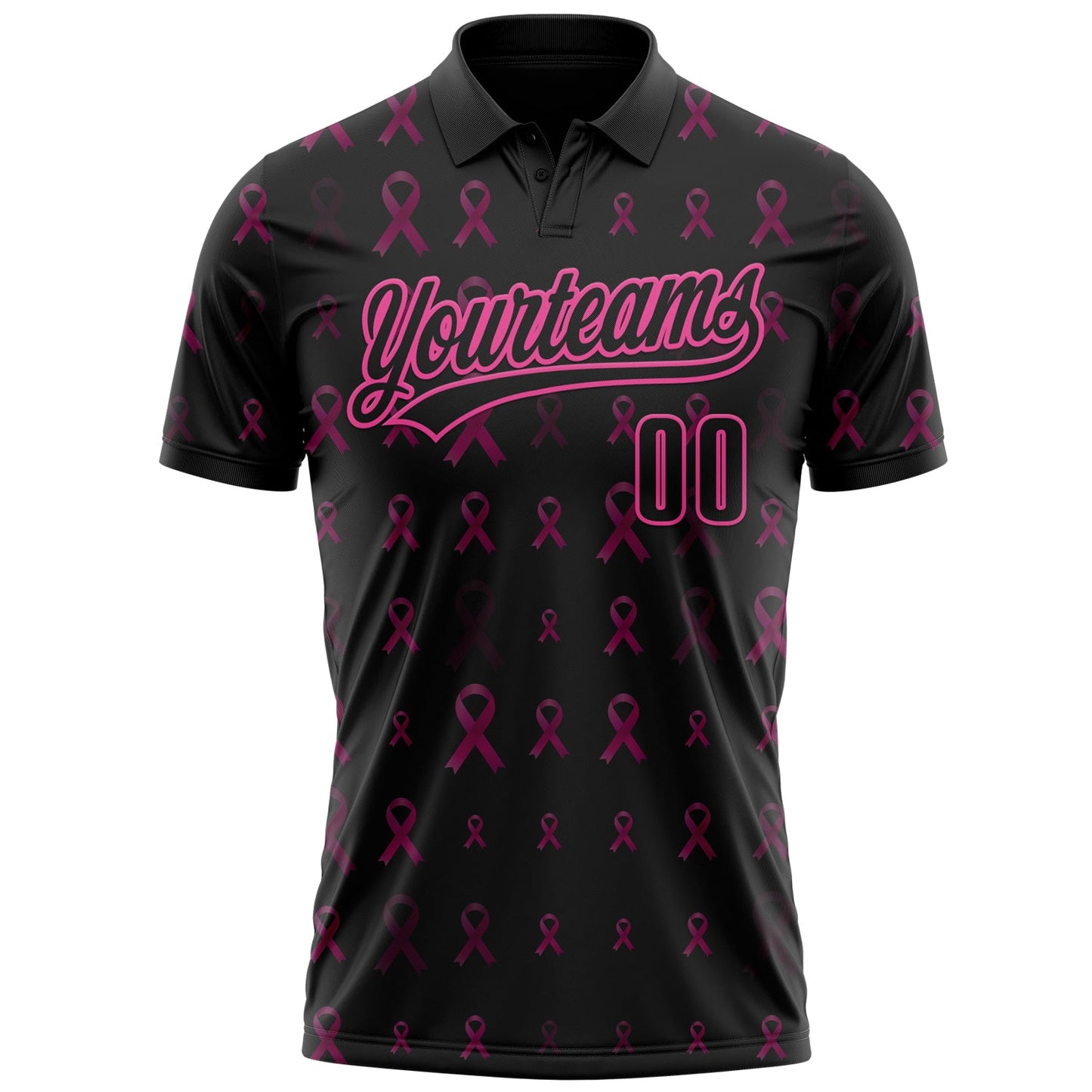 Custom Black Pink 3D Pink Ribbon Breast Cancer Awareness Month Women Health Care Support Performance Polo Shirt view 2