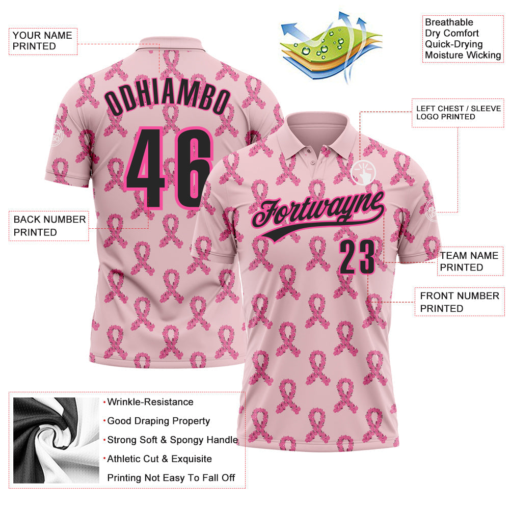Custom Pink Black 3D Pink Ribbon Breast Cancer Awareness Month Women Health Care Support Performance Polo Shirt view 3