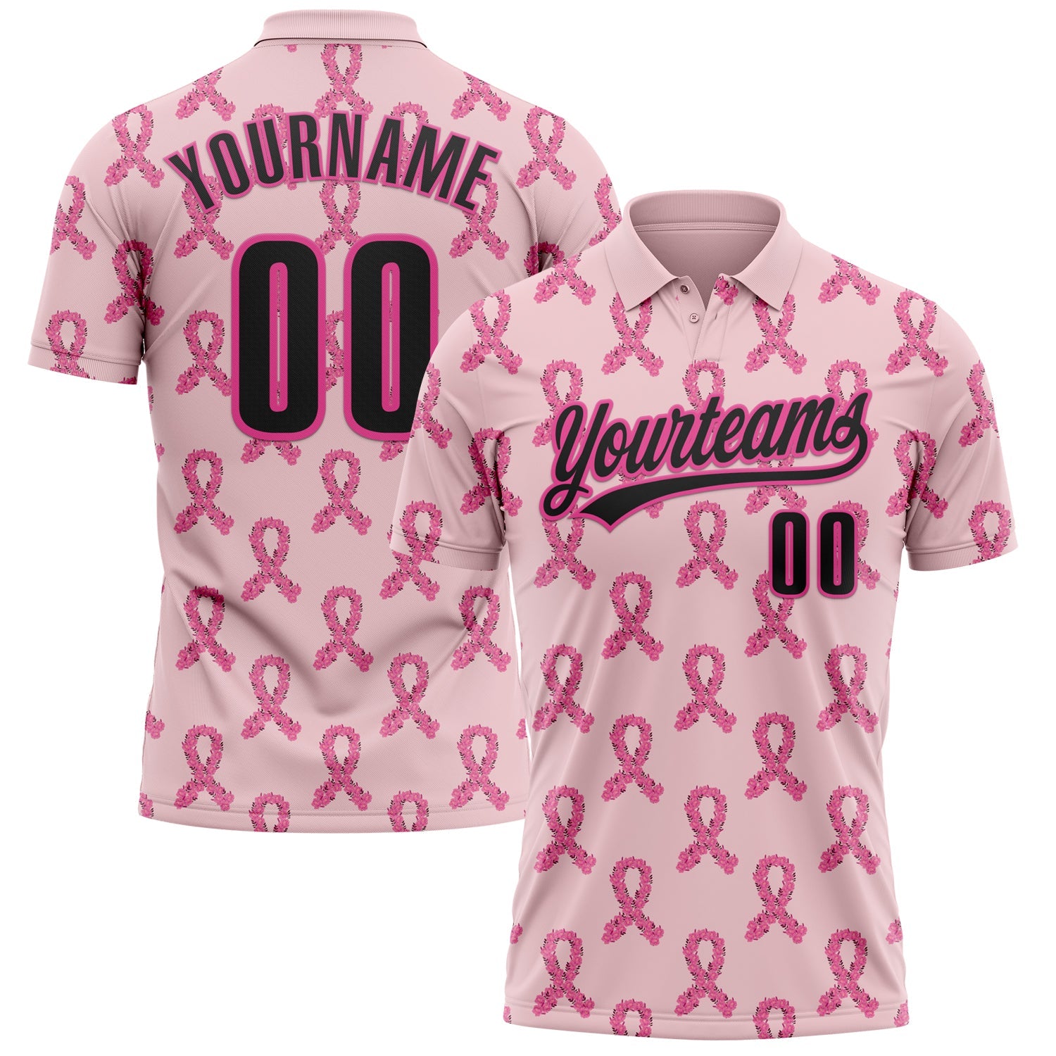 Custom Pink Black 3D Pink Ribbon Breast Cancer Awareness Month Women Health Care Support Performance Polo Shirt - Main View